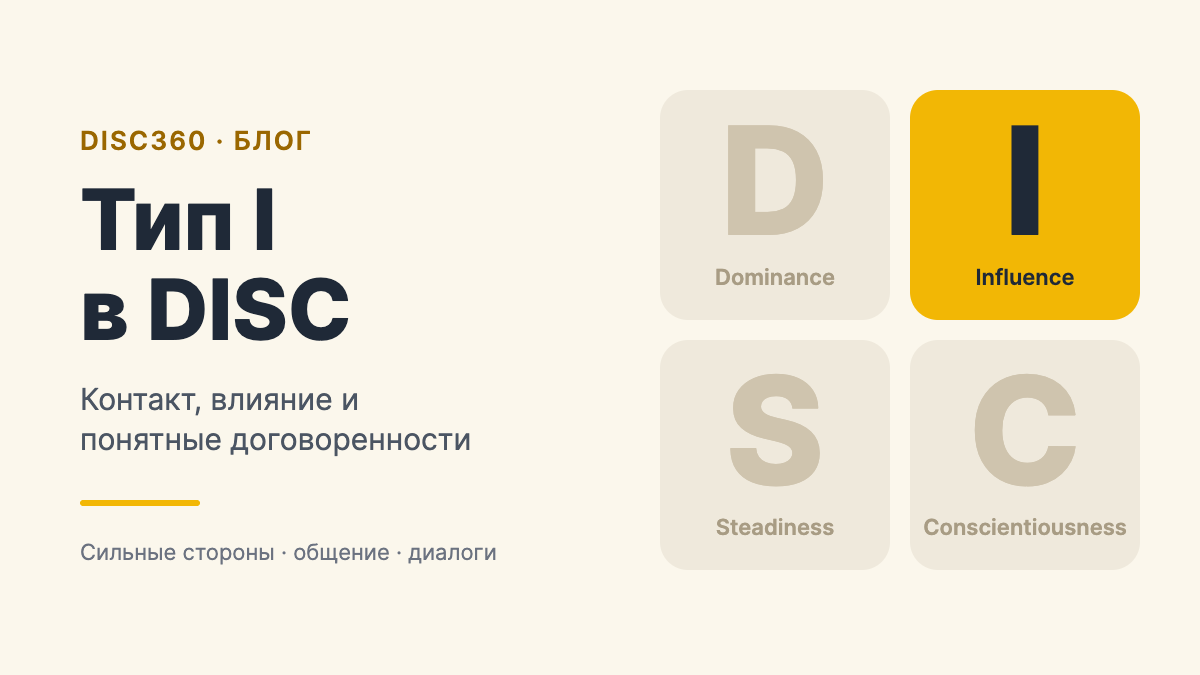 Схема четырех факторов DISC: I выделен жёлтым, D, S и C показаны приглушенно