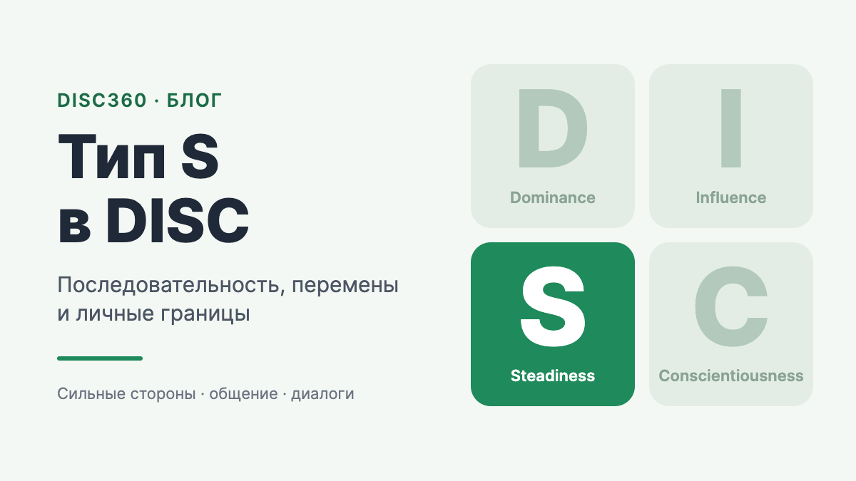 Схема четырех факторов DISC: S выделен зелёным, D, I и C показаны приглушенно
